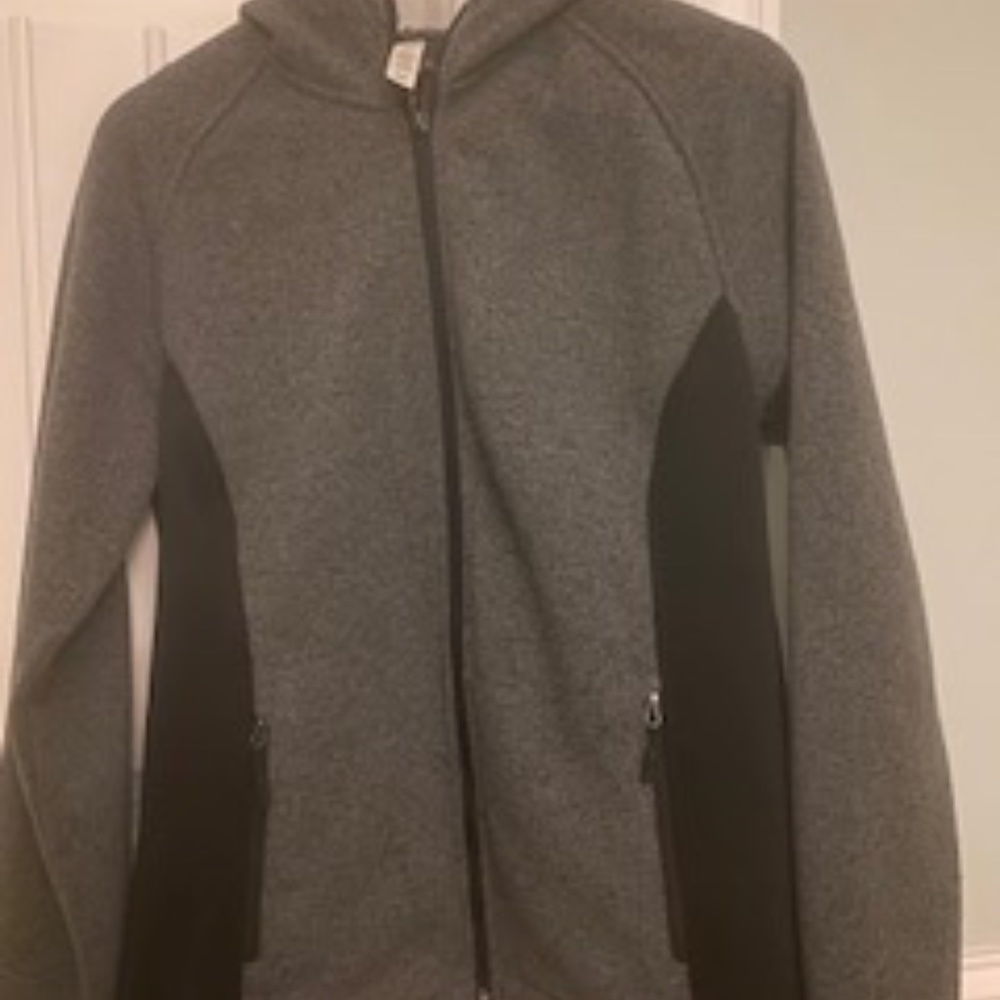 IDEOLOGY HOODED ZIP FRONT JACKET, DARK GRAY with BLACK PANELS